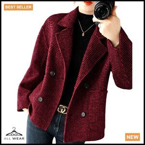 Cropped Wool Pea Coat Houndstooth Double Breasted Chic Blazer Jacket Pocket